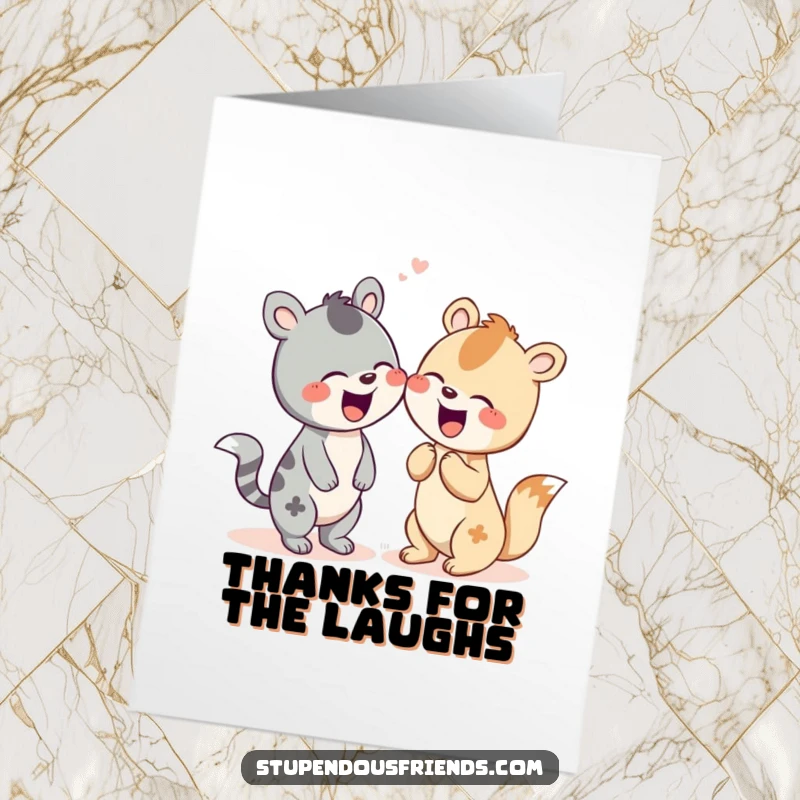 Free Printable Thank You Card: two animal characters share a hearty giggle, conveying thanks in a humorous, lighthearted way.