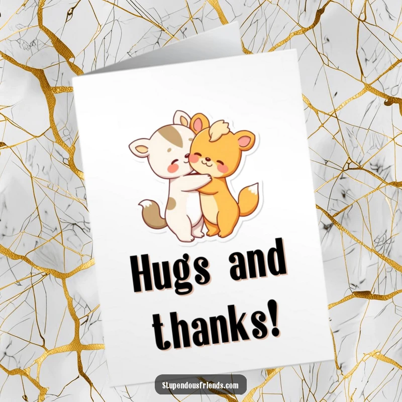 Free Printable Thank You Card features two sweet animal characters sharing a loving, warm hug to express sincere gratitude.