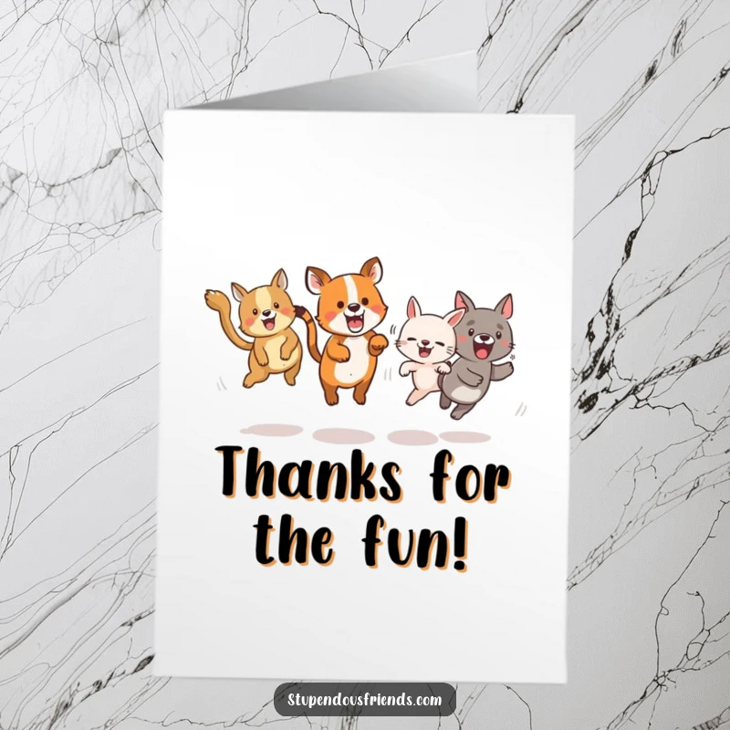 Funny Free Printable Thank You Card shows playful animals engaged in a spirited game of tag, expressing thanks with high energy.