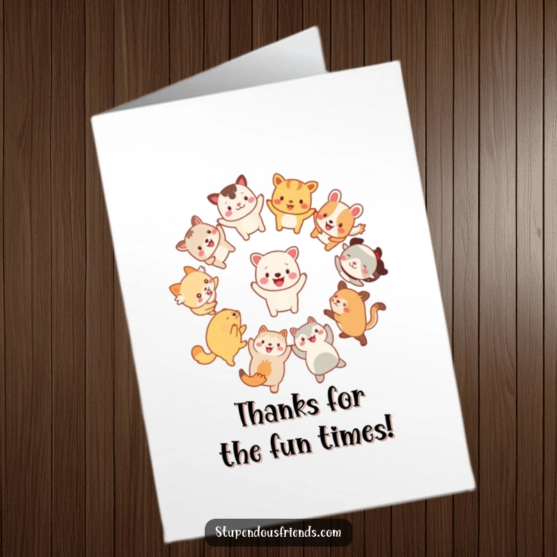 Funny Free Printable Thank You Card: A circle of whimsical animals dancing joyfully, expressing heartfelt gratitude easily.