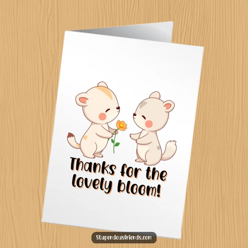 Free Printable Thank You Card depicting an animal kindly offering a flower to another with a gentle nod, expressing thanks.
