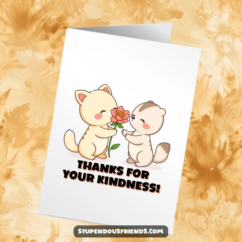 Free Printable Thank You Card: One animal character offers a freshly bloomed flower to another, a sweet gesture of thanks.