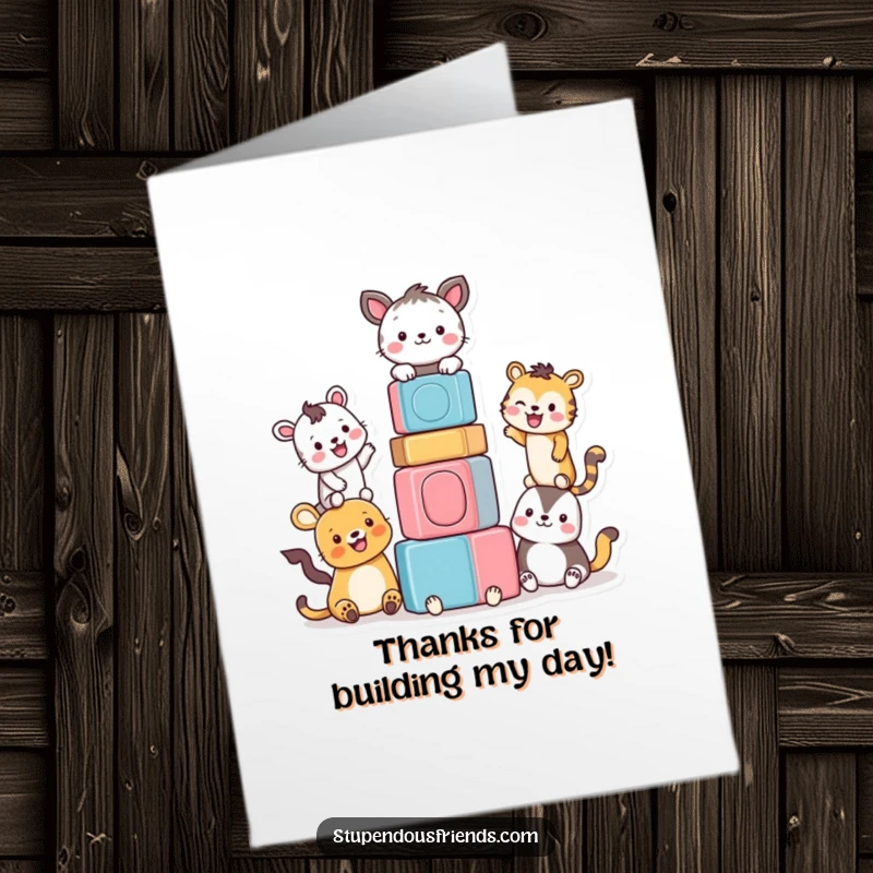 Funny Free Printable Thank You Card showing smiling animals building a tall tower of vibrant blocks.