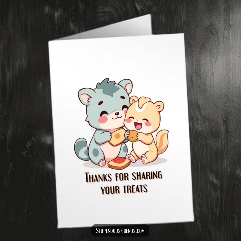 Funny Free Printable Thank You Card: Adorable animal characters exchange food with huge smiles, showing gratitude.