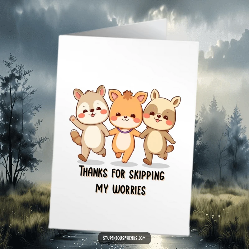 Funny Free Printable Thank You Card: A line of smiling animal characters holding hands and skipping together, showing gratitude.