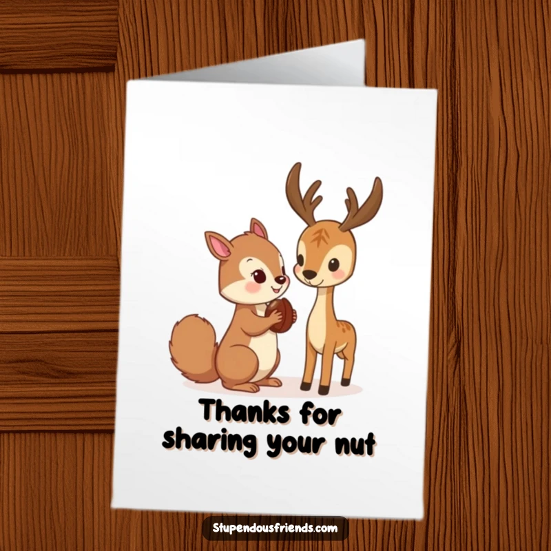 Funny Free Printable Thank You Card: A squirrel hands a nut to a deer, a humorous way to say thank you from nature.