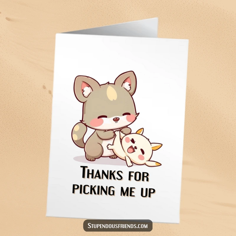 Funny Free Printable Thank You Card featuring a whimsical animal character helping another up, illustrating gratitude for support and gentle guidance.