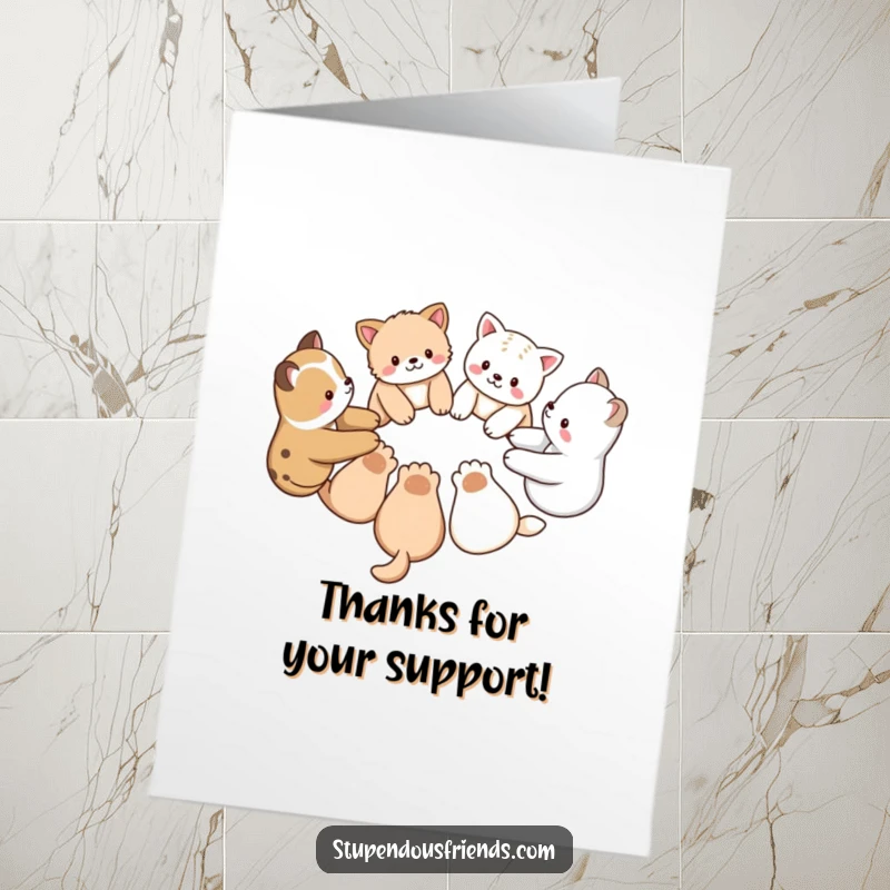 Free Printable Thank You Card: Animal friends forming a circle, paws linked, expressing gratitude and community support.