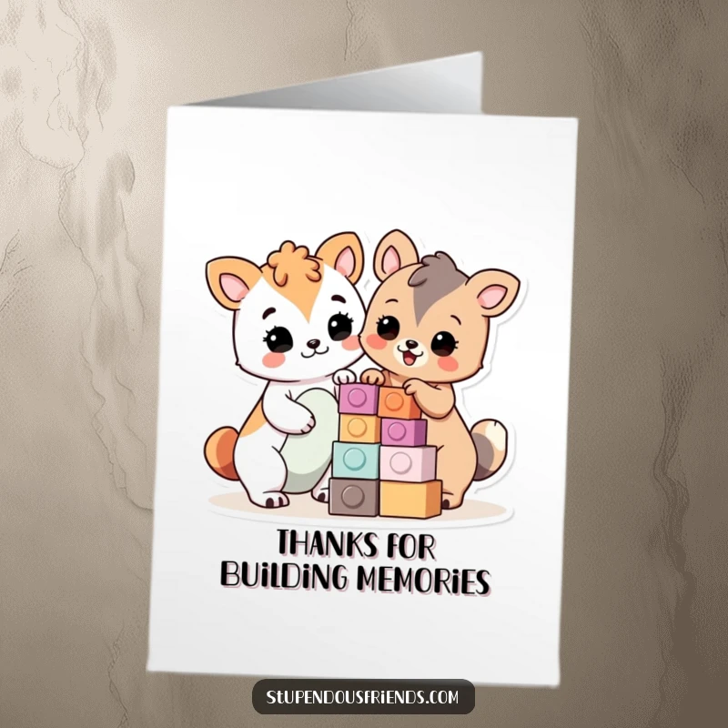 Funny Free Printable Thank You Card: Two animals proudly display their block-building success, conveying thanks.