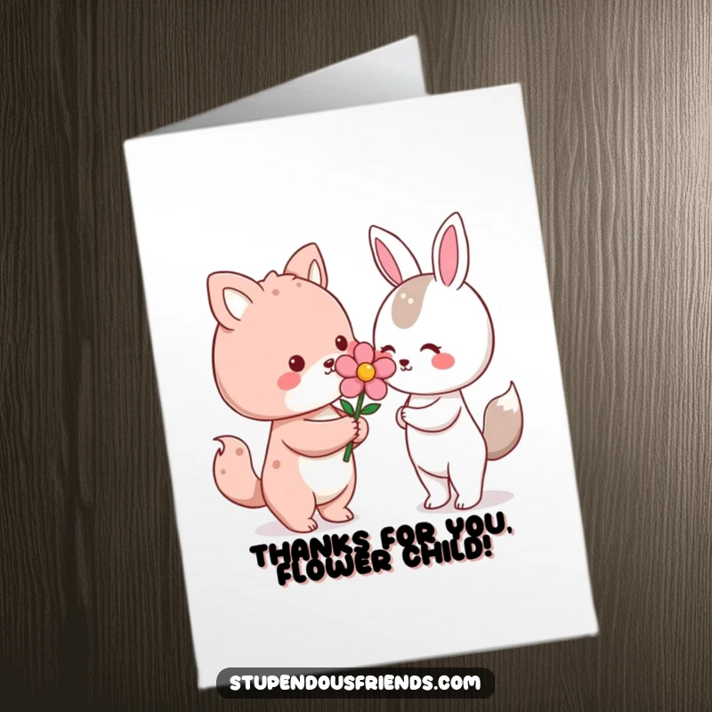 Funny Free Printable Thank You Card: A cute Kawaii animal gracefully offers a bright flower to another, conveying heartfelt thanks and appreciation.