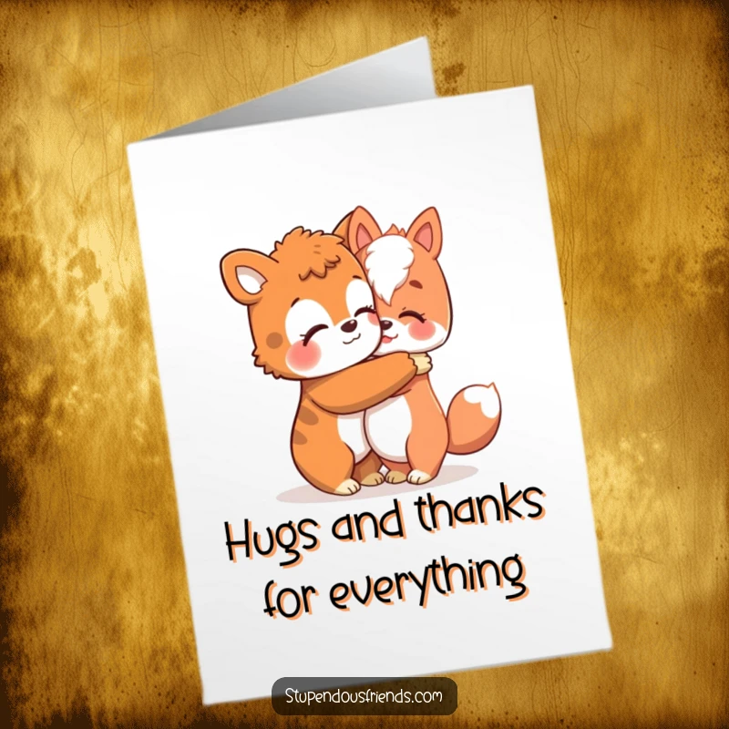 Funny Free Printable Thank You Card showing an animal character giving a comforting hug.