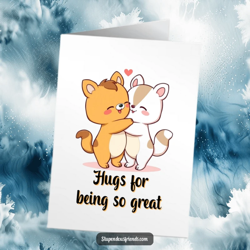Funny Free Printable Thank You Card, two adorable animals sharing a big, comforting hug, symbolizing gratitude and warmth.