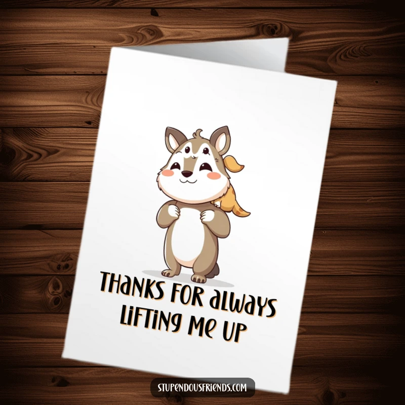 Funny Free Printable Thank You Card featuring an animal character proudly lifting another.