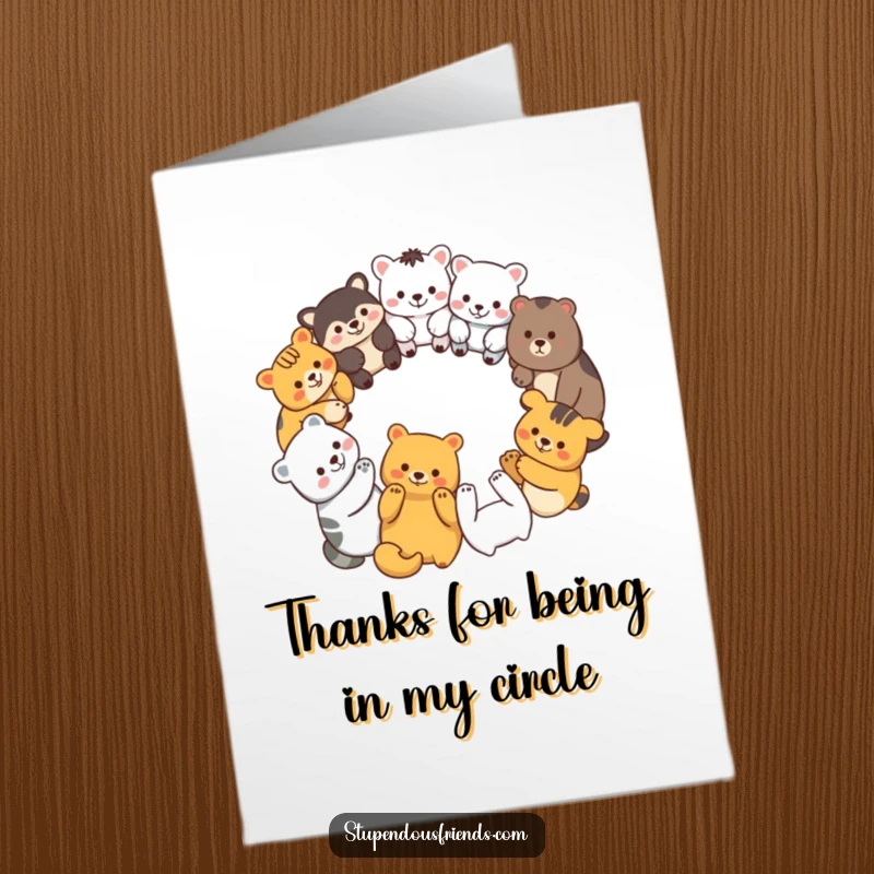 Funny Free Printable Thank You Card with a circle of diverse animal characters holding paws.