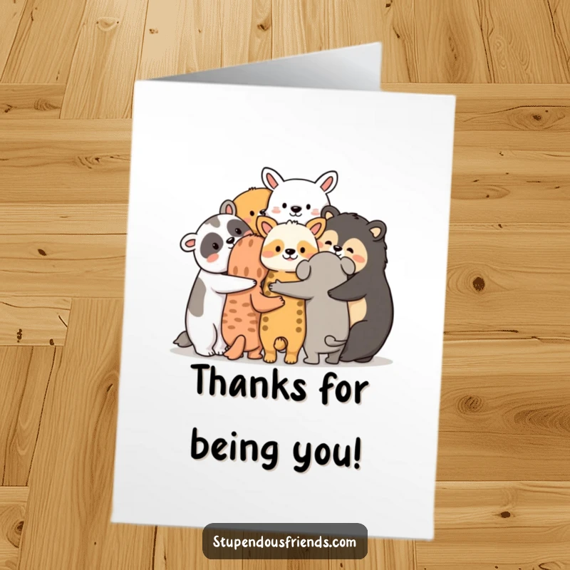 Funny Free Printable Thank You Card, a group of animals huddled together with arms around each other, showing deep appreciation.