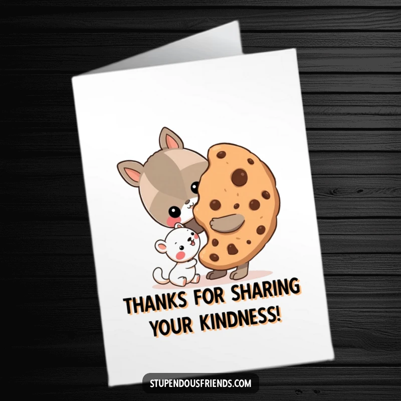 Funny Free Printable Thank You Card showing one animal sharing a giant cookie with another adorable animal pal.