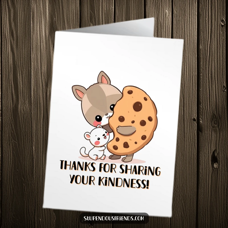 Funny Free Printable Thank You Card showing one animal sharing a giant cookie with another adorable animal pal.