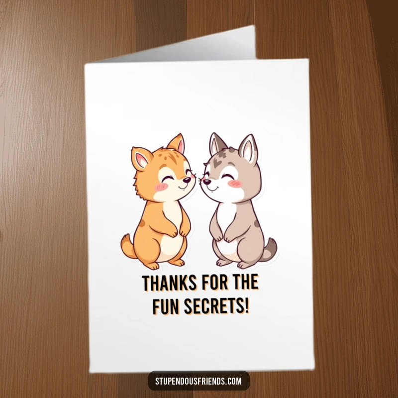 Funny Free Printable Thank You Card showing animals whispering secrets to each other with sly grins.