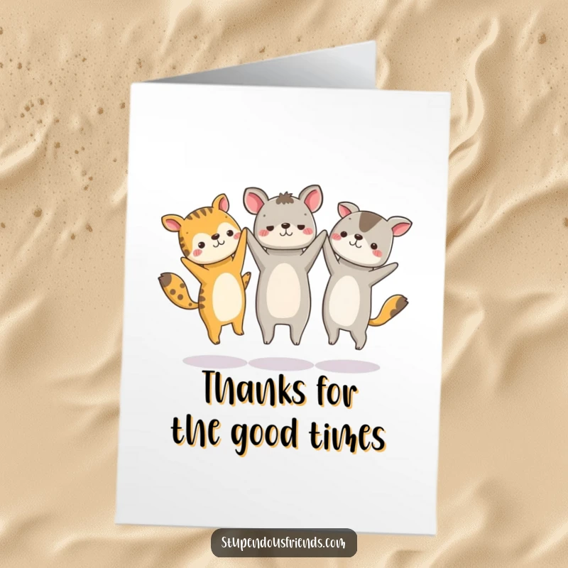 Funny Free Printable Thank You Card: Animals linked hands, jumping in a circle, expressing lively thanks.