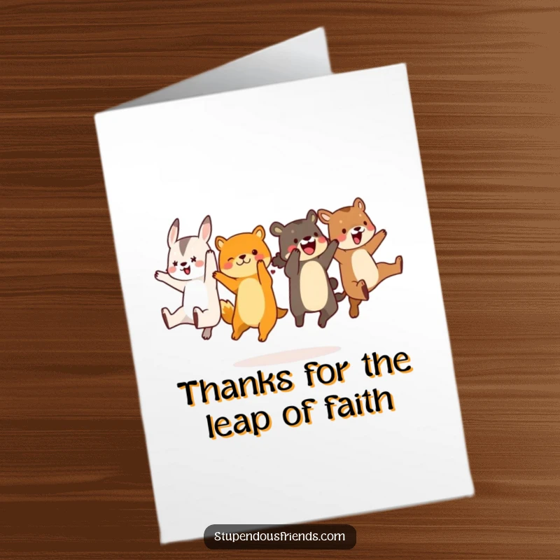 Funny Free Printable Thank You Card: A group of animals in a perfectly timed, synchronized leap, full of playful energy.
