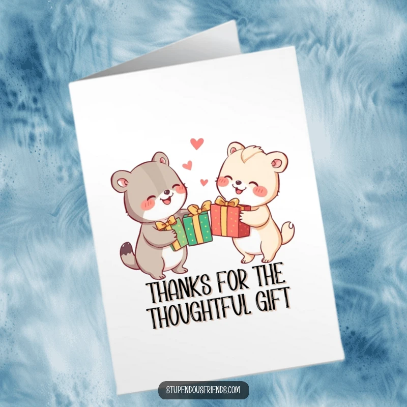 Funny Free Printable Thank You Card: Animals happily trading brightly wrapped gifts, conveying warmth and gratitude.