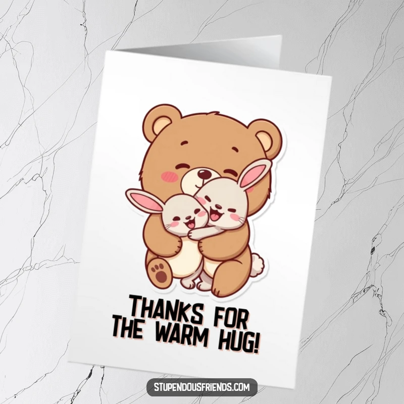 Funny Free Printable Thank You Card, a bear character giving a warm, cheerful hug to a rabbit, conveying deep appreciation.