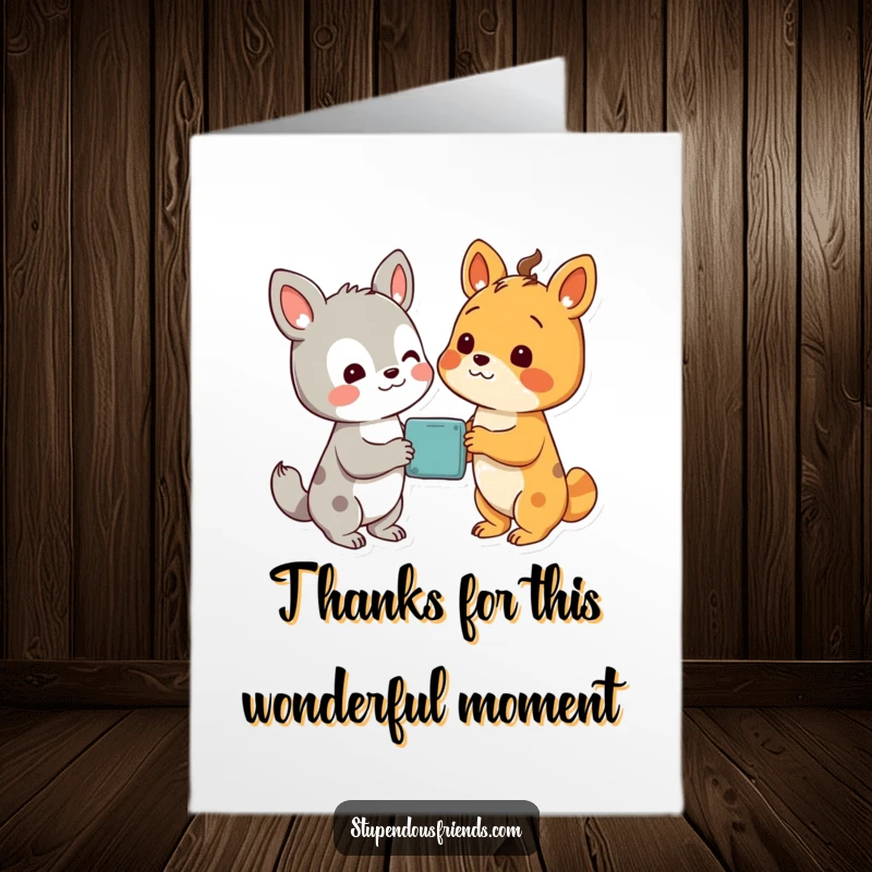 Funny Free Printable Thank You Card with two animal characters looking at a discovery.