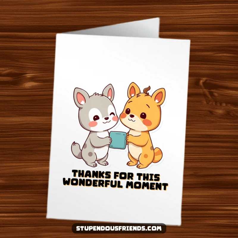 Funny Free Printable Thank You Card with two animal characters looking at a discovery.
