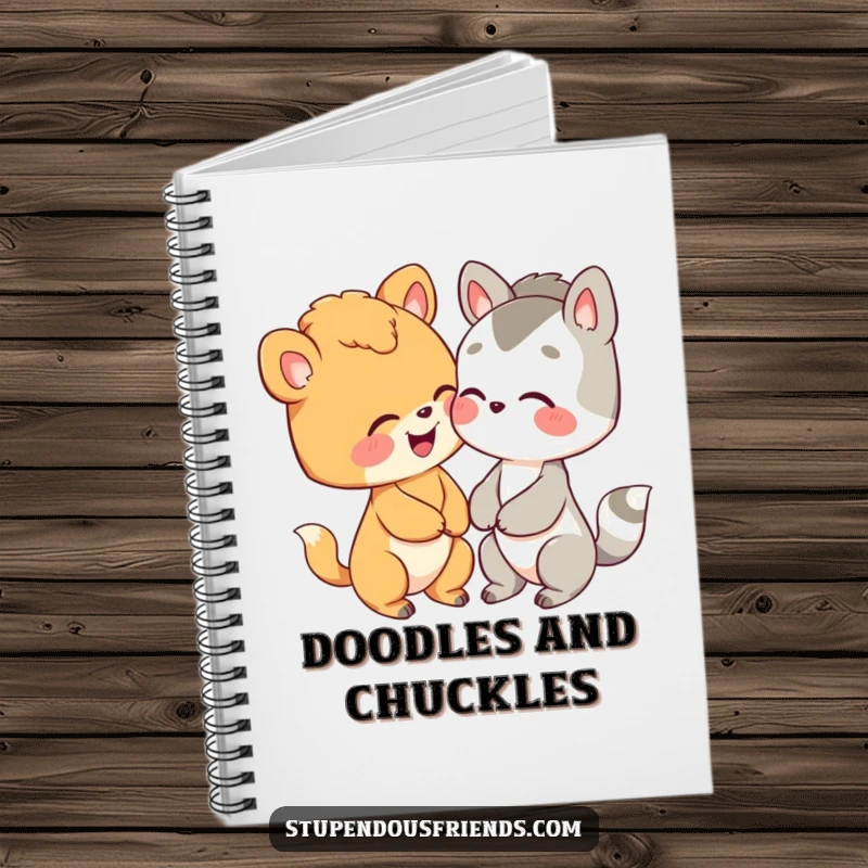 Funny notebook cover with two cute animals sharing a private giggle, ideal for school or personal use.