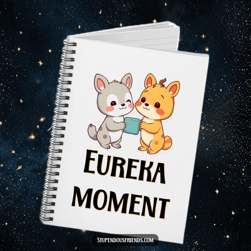 Funny notebook cover with two animal characters looking with delight at a shared discovery, symbolizing curiosity and learning.