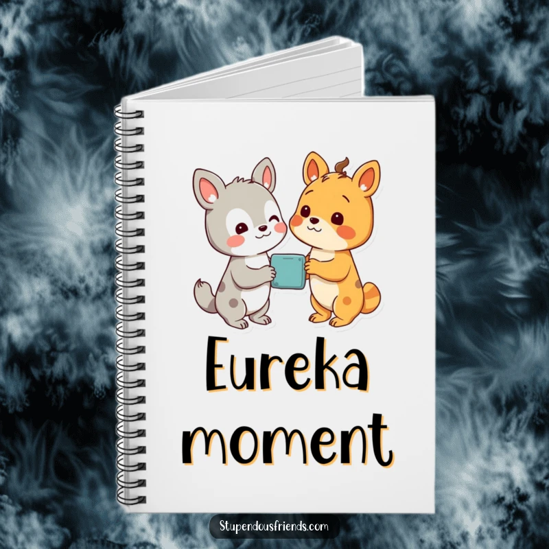 Funny notebook cover with two animal characters looking with delight at a shared discovery, symbolizing curiosity and learning.