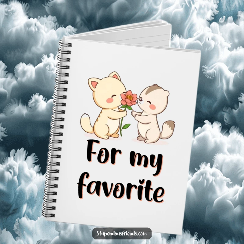 Funny notebook featuring an animal character offering a blooming flower to another, ideal for note-taking and capturing thoughtful ideas.