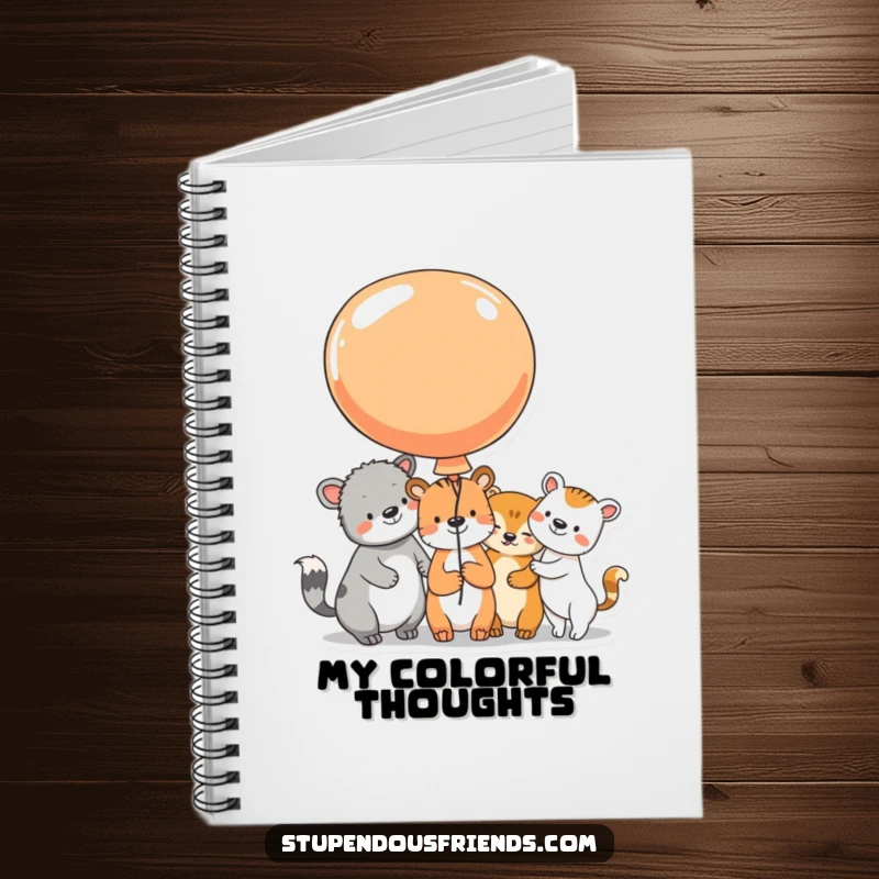 Funny Notebook with animal characters sharing a large, colorful balloon, their beaming faces perfect for jotting down joyful thoughts.