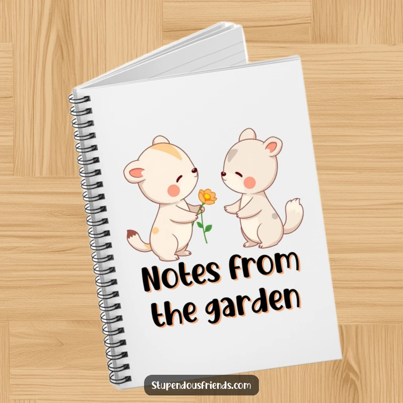 Funny notebook with an animal offering a flower to another with a gentle nod, designed for writing and spreading kindness.