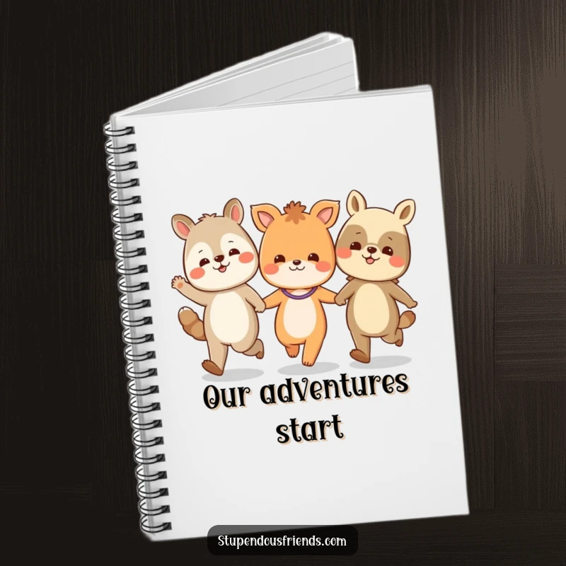 Funny notebook cover with a delightful drawing of animal characters skipping together, holding hands in a cheerful procession.
