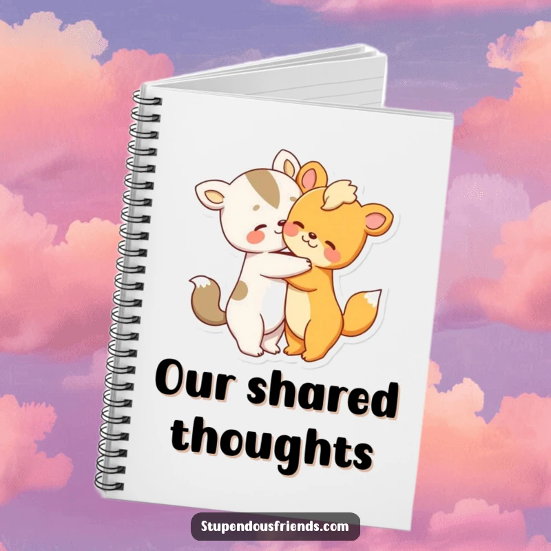 Funny notebook cover featuring two cute animal characters in a warm embrace, encouraging loving thoughts.