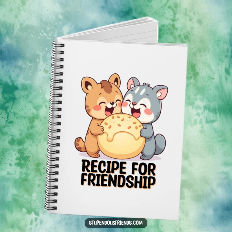 Funny notebook cover with two cute animal characters sharing a large, appealing treat, inspiring sweet thoughts.