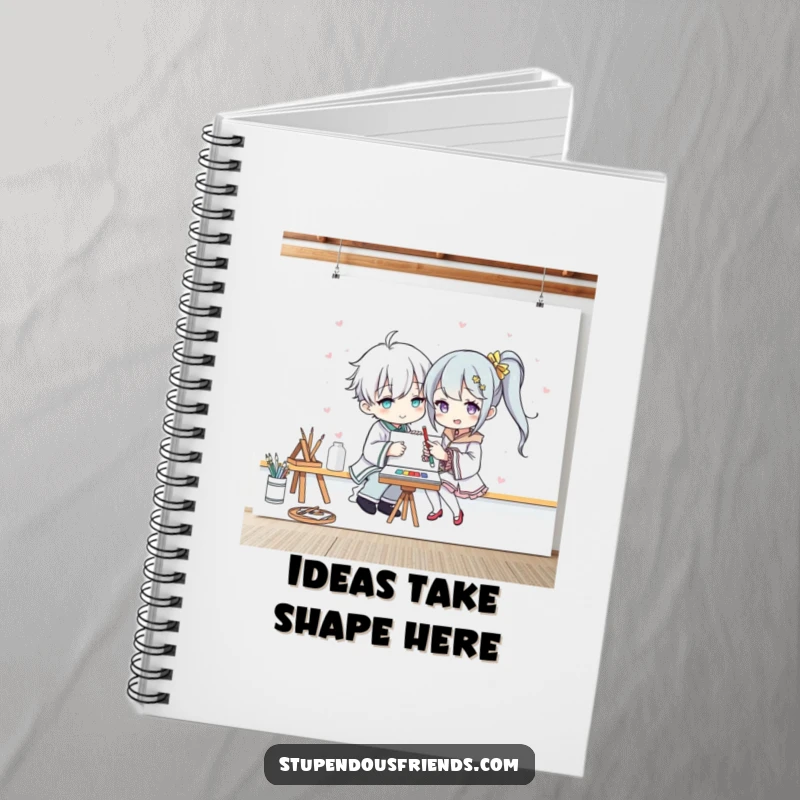 Funny notebook cover with two characters creating art on a large canvas, inspiring imaginative and humorous note-taking or sketching sessions.