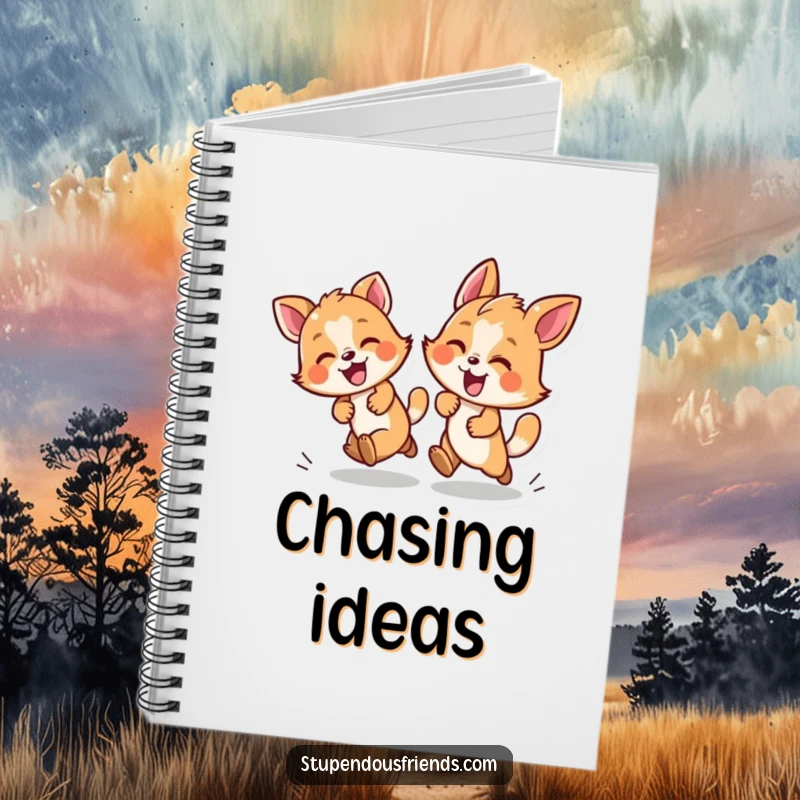 Funny notebook cover with two animals in a playful chase, ideal for notes and capturing energetic ideas.