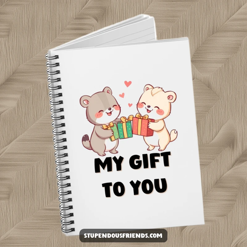 Funny animal characters joyfully exchanging brightly wrapped gifts, featured on the cover of this notebook for festive inspiration.