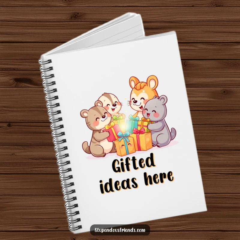 Funny notebook cover with happy animal characters exchanging colorful gifts, inspiring cheerful and thoughtful notes.