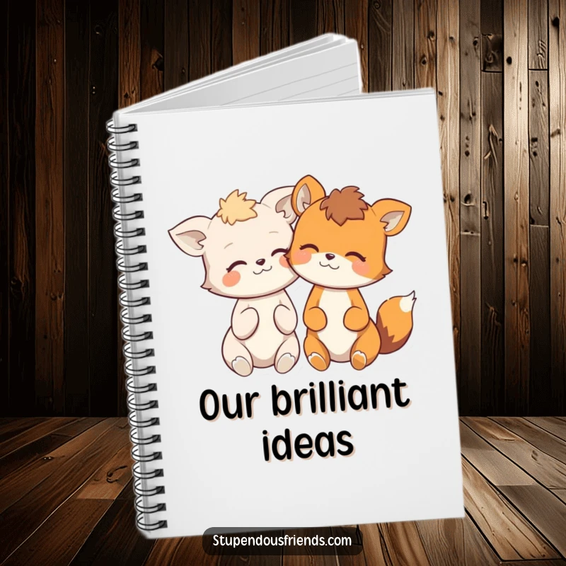 Funny notebook with two cute animals whispering and giggling on the cover, ideal for capturing funny thoughts.