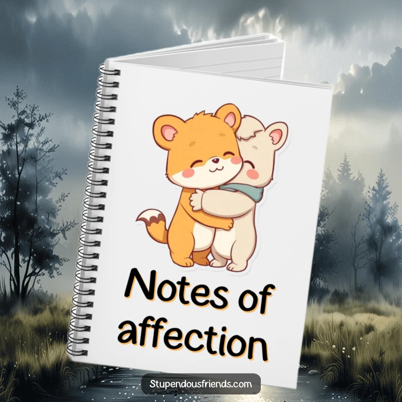 Funny notebook, two adorable animal characters in a warm hug, symbolizing friendship, love, and the sharing of kind thoughts.
