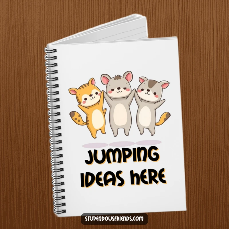 Funny notebook with a group of animal characters holding hands and jumping in a circle, ready to capture energetic thoughts.