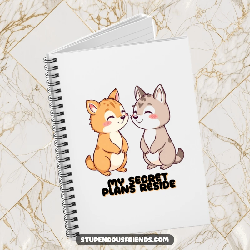 Funny notebook cover with a design of animals sharing secrets, promoting privacy and a touch of humor.