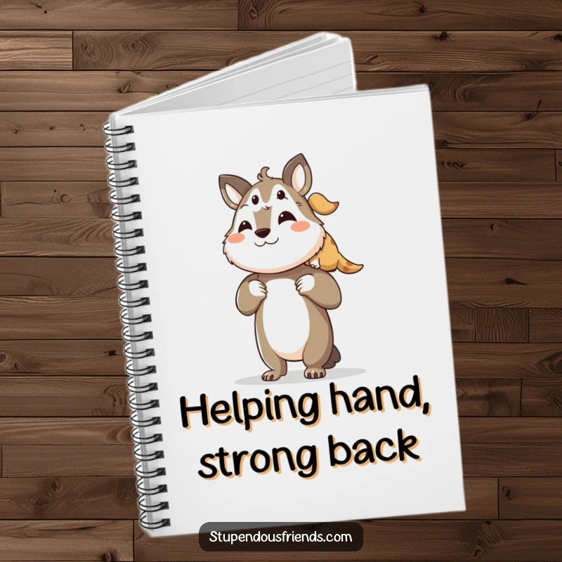 Funny notebook cover depicting a proud animal character lifting its friend, symbolizing encouragement and shared success.