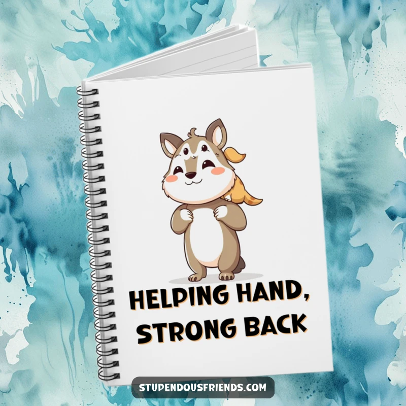 Funny notebook cover depicting a proud animal character lifting its friend, symbolizing encouragement and shared success.