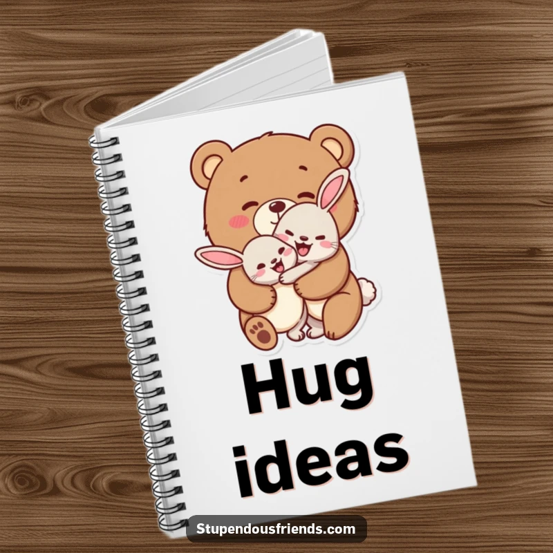 Funny bear and rabbit notebook, depicting a bear cheerfully hugging a rabbit, ideal for journaling with kindness.