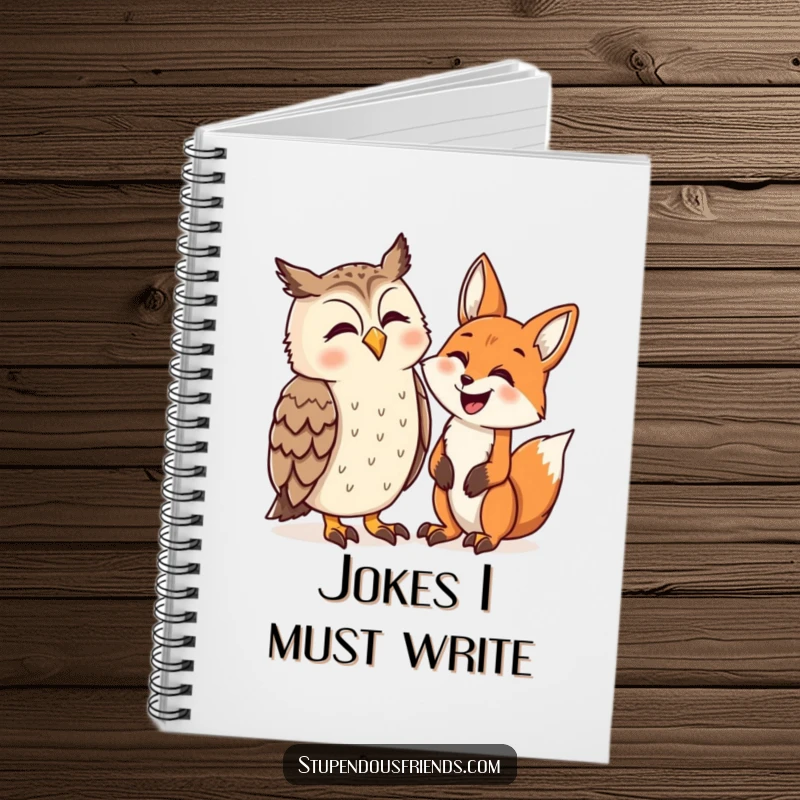 Funny notebook cover with an owl and fox in mid-laugh, inspiring creativity and lighthearted note-taking for any occasion.
