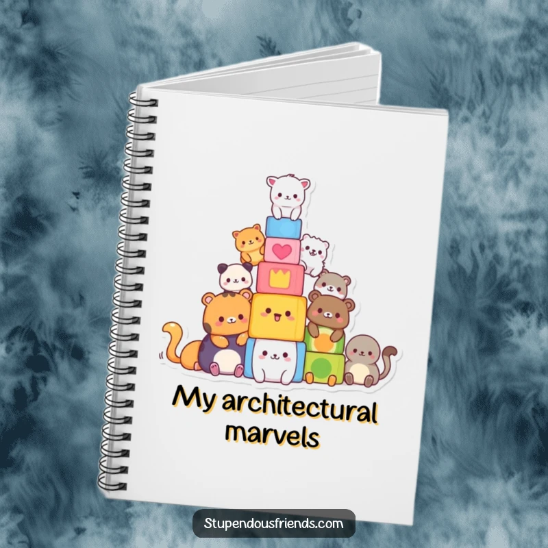 Funny notebook featuring animals building a block tower, perfect for jotting down innovative and funny thoughts. A creative funny gift.